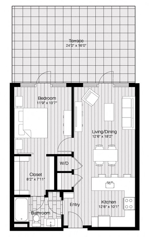 Floor plan for 1 bed, 1 bath, 750 sqft